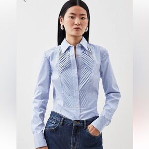 Tailored Frill Detailed Bib Shirt |Blue and White Striped Dress Shirt